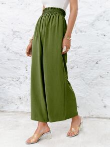 Simplee Frill Elastic Waist Wide Leg Trousers Without Belt - Army Green - View 4