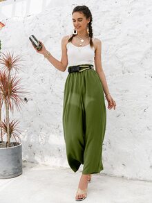 Simplee Frill Elastic Waist Wide Leg Trousers Without Belt - Army Green - View 5