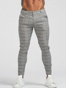 Men Plaid Print Skinny Trousers - Light Grey - View 1