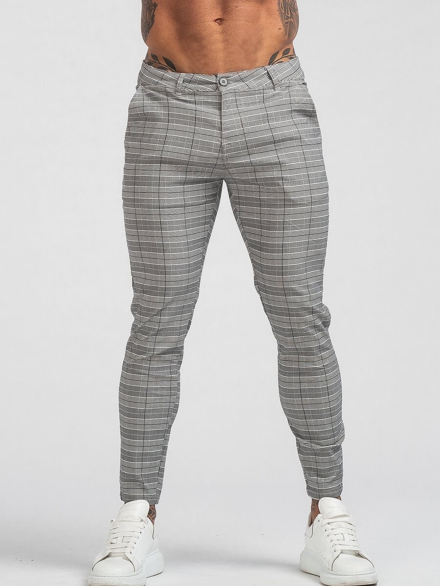 Men Plaid Print Skinny Trousers - Light Grey - View 1