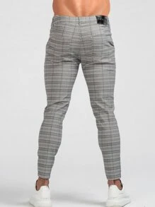 Men Plaid Print Skinny Trousers - Light Grey - View 2