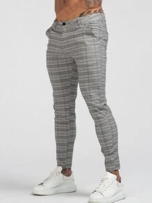 Men Plaid Print Skinny Trousers - Light Grey - View 3