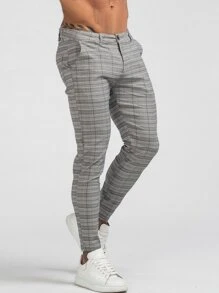 Men Plaid Print Skinny Trousers - Light Grey - View 4