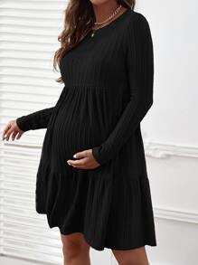SHEIN Maternity Cable Textured Ruffle Hem Smock Dress - Black - View 4