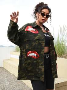 SHEIN Coolane 大碼迷彩印花亮片嘴唇補丁貼外套 - 彩色 - 查看 4