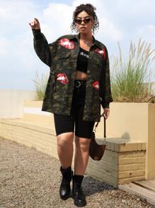 SHEIN Coolane 大碼迷彩印花亮片嘴唇補丁貼外套 - 彩色 - 查看 5