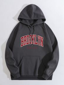 Hombres Capucha con estampado de letra térmico con cordón - Gris Oscuro - Ver 1