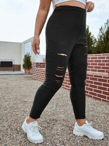SHEIN EZwear Plus High Waist Ripped Skinny Trousers - Black - View 1
