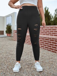 SHEIN EZwear Plus High Waist Ripped Skinny Trousers - Black - View 3