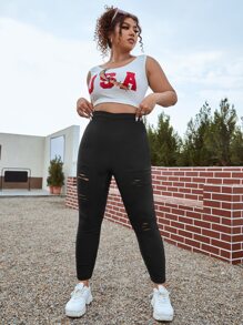 SHEIN EZwear Plus High Waist Ripped Skinny Trousers - Black - View 5