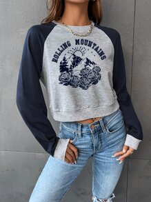 SHEIN EZwear 花卉和字母圖案插肩袖短款運動衫 - 淺灰色 - 查看 1