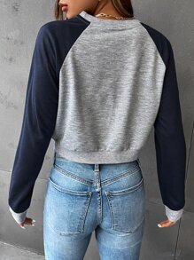 SHEIN EZwear 花卉和字母圖案插肩袖短款運動衫 - 淺灰色 - 查看 2