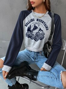 SHEIN EZwear 花卉和字母圖案插肩袖短款運動衫 - 淺灰色 - 查看 3