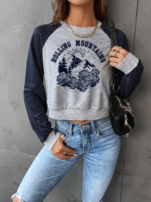 SHEIN EZwear 花卉和字母圖案插肩袖短款運動衫 - 淺灰色 - 查看 4