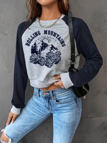 SHEIN EZwear 花卉和字母圖案插肩袖短款運動衫 - 淺灰色 - 查看 5