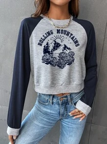 SHEIN EZwear 花卉和字母圖案插肩袖短款運動衫 - 淺灰色 - 查看 6