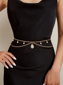 Cinturón de cadena con perla artificial & con diamante de imitación gota de agua accesorio - Dorado - Ver 1