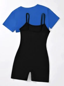 SHEIN Unity High Low Hem Crop Top & Letter Graphic Cami Romper - Multicolor - View 2