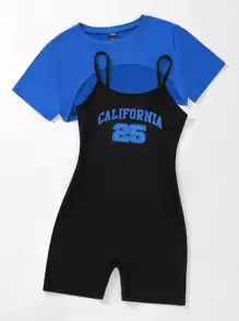 SHEIN Unity High Low Hem Crop Top & Letter Graphic Cami Romper - Multicolor - View 3