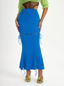 AMOF Designer Lace Up Front Mermaid Hem Skirt - Blue - View 1