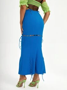 AMOF Designer Lace Up Front Mermaid Hem Skirt - Blue - View 2