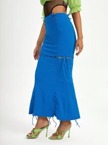 AMOF Designer Lace Up Front Mermaid Hem Skirt - Blue - View 3
