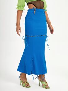 AMOF Designer Lace Up Front Mermaid Hem Skirt - Blue - View 4