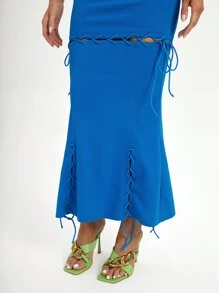 AMOF Designer Lace Up Front Mermaid Hem Skirt - Blue - View 5