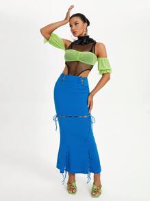 AMOF Designer Lace Up Front Mermaid Hem Skirt - Blue - View 6