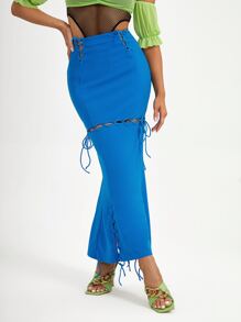 AMOF Designer Lace Up Front Mermaid Hem Skirt - Blue - View 7