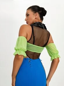 AMOF Top corto de hombros descubiertos de manga con volante pecho con fruncido de malla - Verde Lima - Ver 2