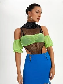 AMOF Top corto de hombros descubiertos de manga con volante pecho con fruncido de malla - Verde Lima - Ver 3
