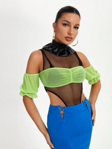 AMOF Top corto de hombros descubiertos de manga con volante pecho con fruncido de malla - Verde Lima - Ver 4
