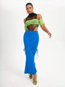 AMOF Top corto de hombros descubiertos de manga con volante pecho con fruncido de malla - Verde Lima - Ver 5