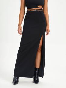 CAMILLE JUGE Zipper Back Split Thigh Skirt - Black - View 1