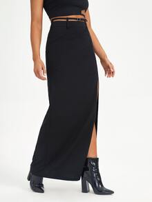 CAMILLE JUGE Zipper Back Split Thigh Skirt - Black - View 3