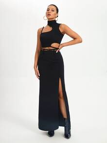 CAMILLE JUGE Zipper Back Split Thigh Skirt - Black - View 4