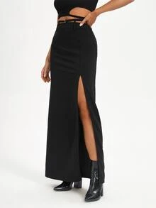 CAMILLE JUGE Zipper Back Split Thigh Skirt - Black - View 5