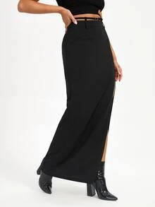 CAMILLE JUGE Zipper Back Split Thigh Skirt - Black - View 6