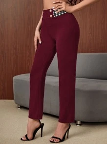 SHEIN SXY Houndstooth Panel Fake Button Trousers - Burgundy - View 3