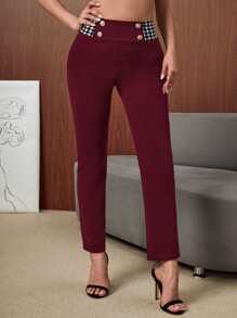 SHEIN SXY Houndstooth Panel Fake Button Trousers - Burgundy - View 4