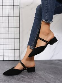 Fall/Winter Pointed Toe Half Strap Chunky Heel Black Minimalist Elegant Lady Low Heel Flats, Suitable For Commute, Business, Party, Date, Shopping, Vacation - Black - View 2