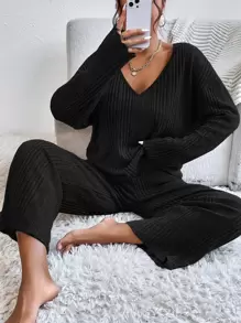 SHEIN Essnce Drop Shoulder Tee & Trousers - Black - View 1