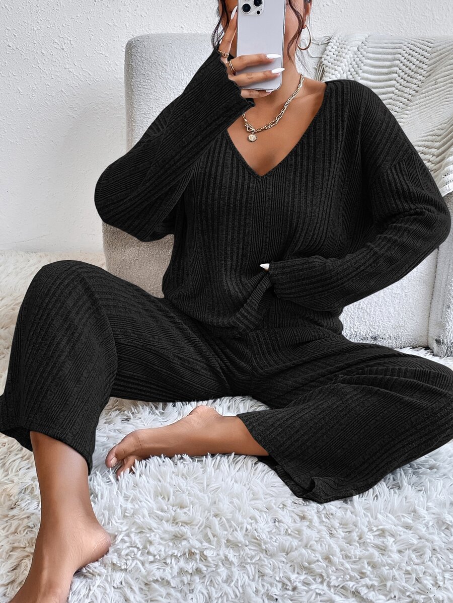 SHEIN Essnce Drop Shoulder Tee & Trousers - Black - View 1