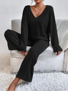 SHEIN Essnce Drop Shoulder Tee & Trousers - Black - View 5