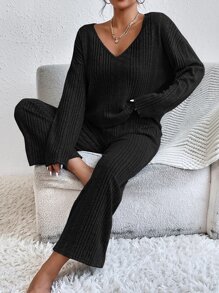 SHEIN Essnce Drop Shoulder Tee & Trousers - Black - View 6