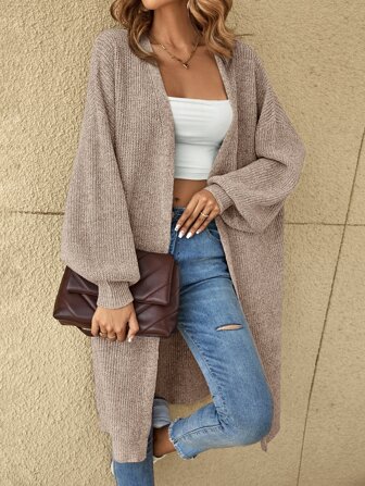 SHEIN LUNE Drop Shoulder Ribbed Knit Duster Cardigan