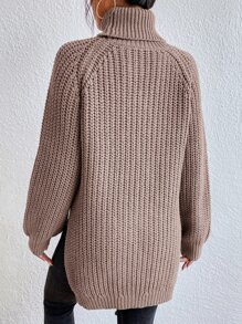 SHEIN Frenchy 高領插肩袖下擺開叉套頭毛衣 - 卡其色 - 查看 2