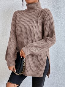 SHEIN Frenchy 高領插肩袖下擺開叉套頭毛衣 - 卡其色 - 查看 3