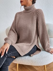 SHEIN Frenchy 高領插肩袖下擺開叉套頭毛衣 - 卡其色 - 查看 5